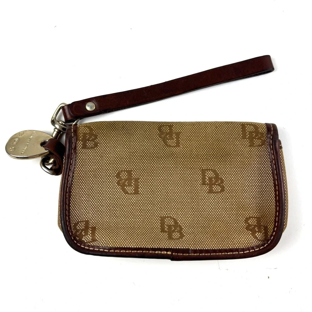 Dooney & Bourke Wristlet Pouch Women OS Tan Good Monogram Canvas Leather Trim